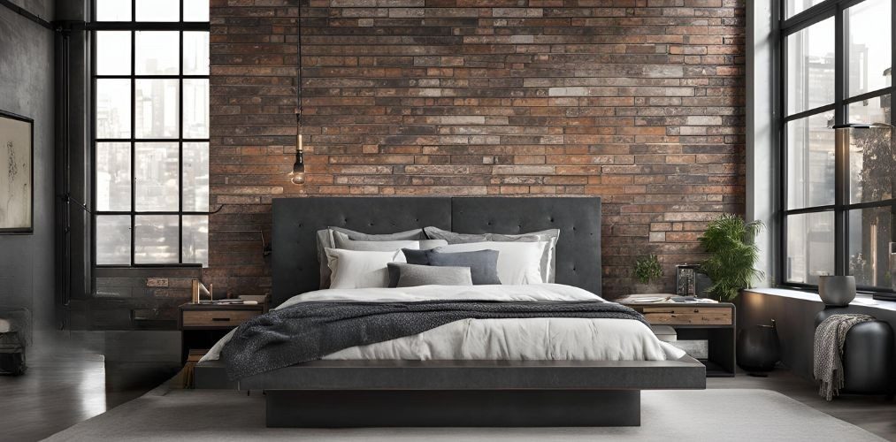 Industrial bedroom design with brick pattern wallpaper - Beautiful Homes