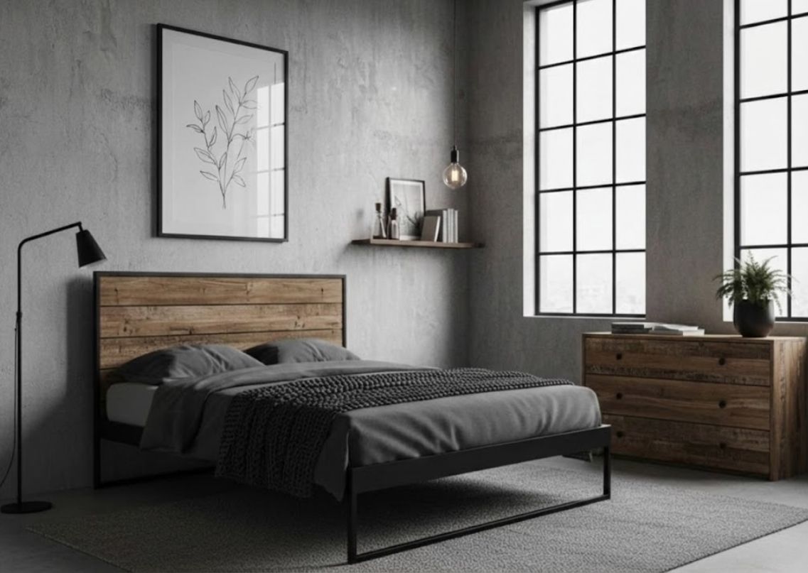 Industrial bedroom with wooden bed and large windows - Beautiful Homes