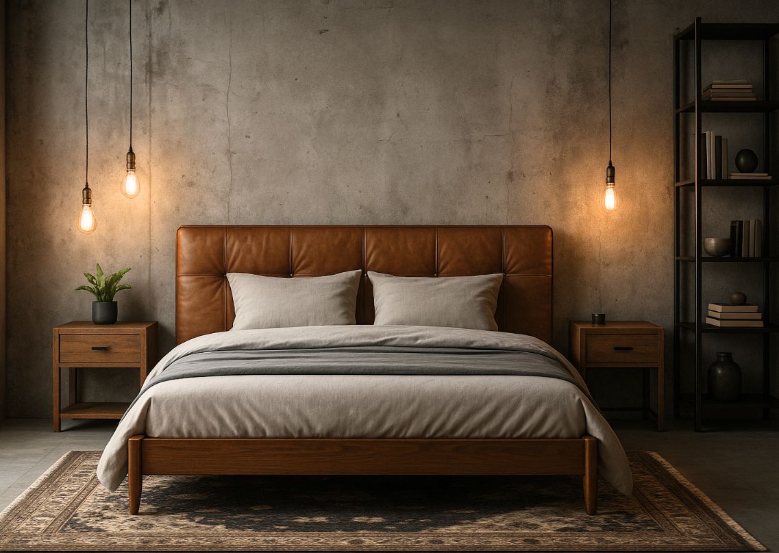 Modern bedroom with leather bed and pendant lights - Beautiful Homes