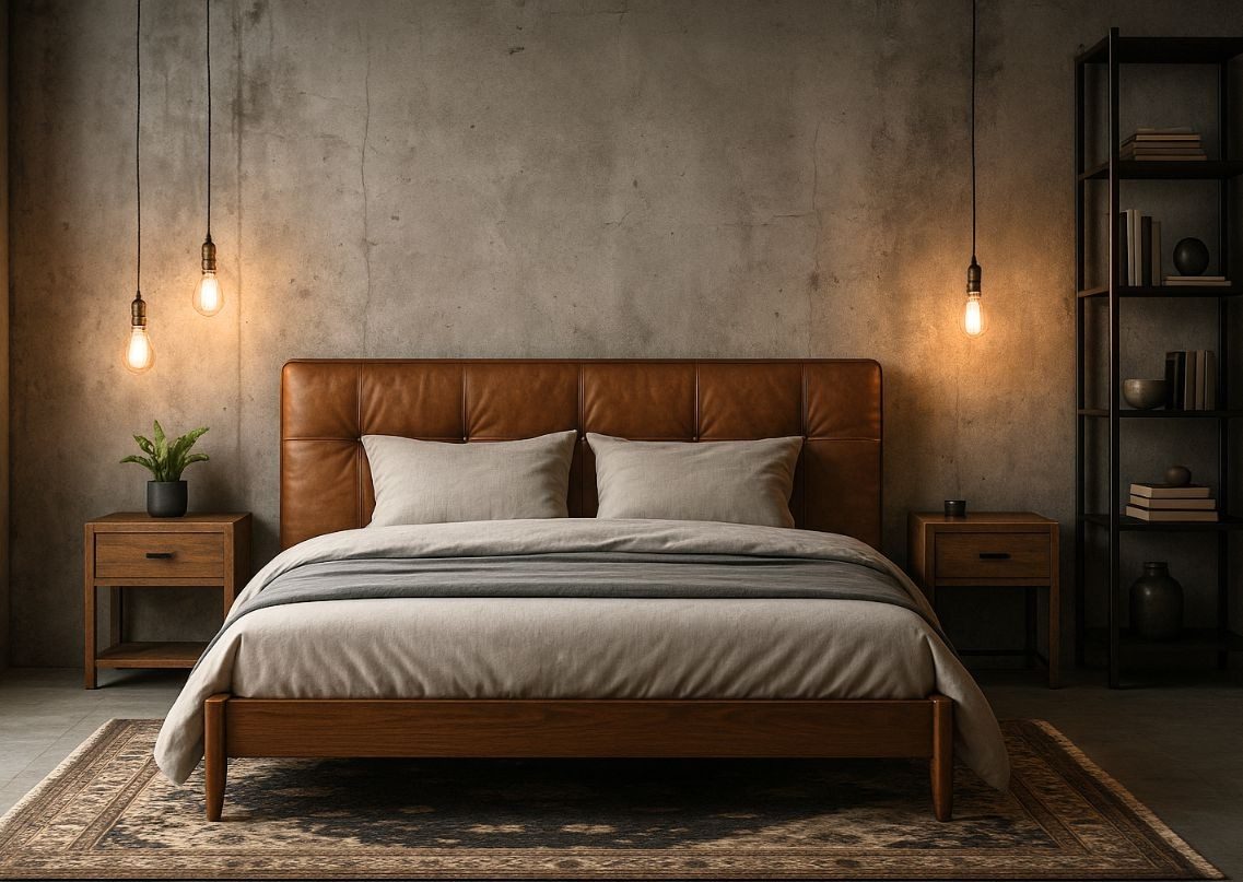 Modern bedroom with leather bed and pendant lights - Beautiful Homes