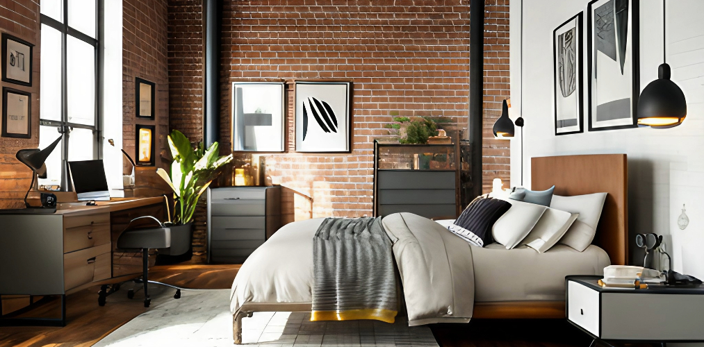 Industrial style master bedroom with brick wall-Beautiful Homes
