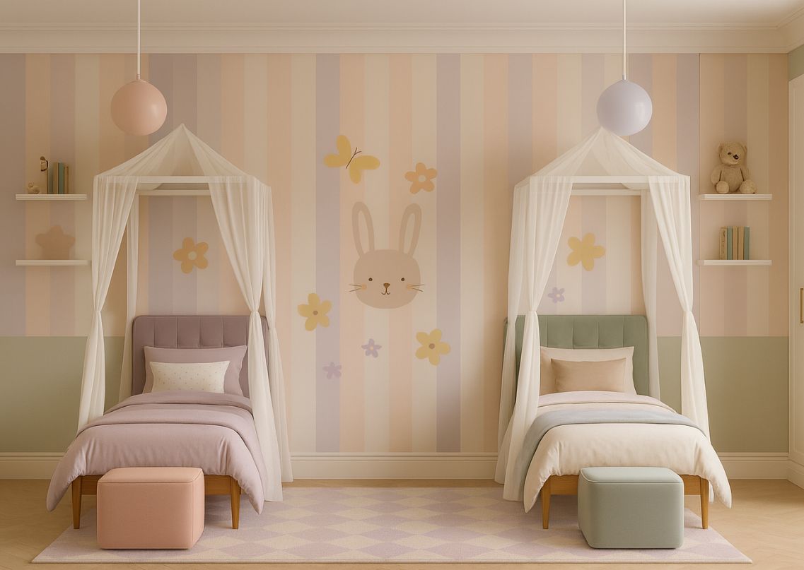Kids bedroom with pastel tones and bunny wall design - Beautiful Homes