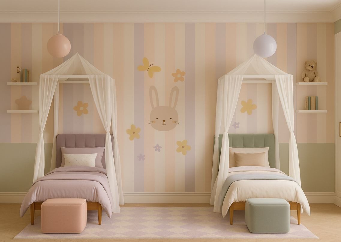 Kids bedroom with pastel tones and bunny wall design - Beautiful Homes