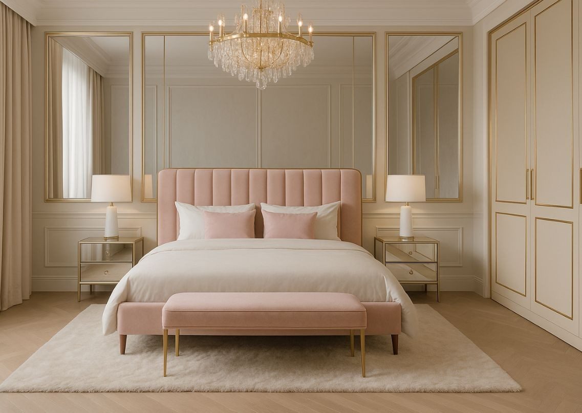 Elegant bedroom with pink bed and gold accents - Beautiful Homes