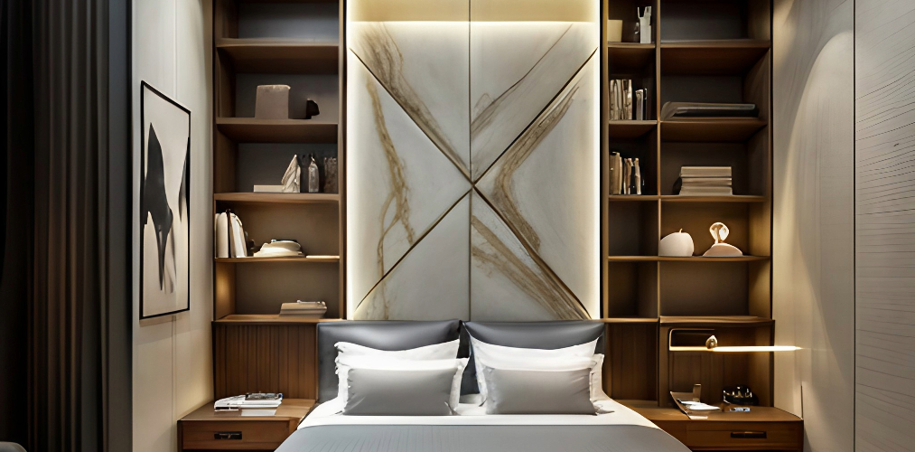 Luxury bedroom wall with built-in shelves and marble tile-Beautiful Homes