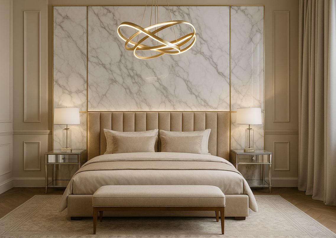 Neutral bedroom with marble wall and chandelier - Beautiful Homes