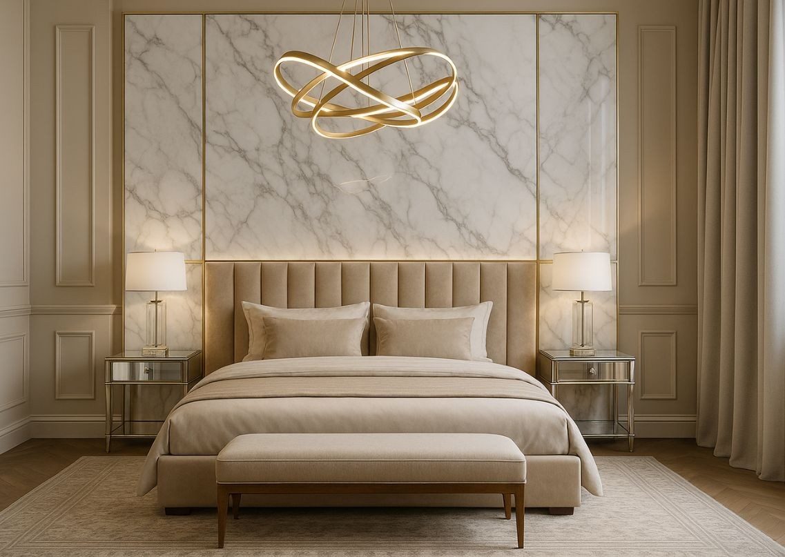 Neutral bedroom with marble wall and chandelier - Beautiful Homes