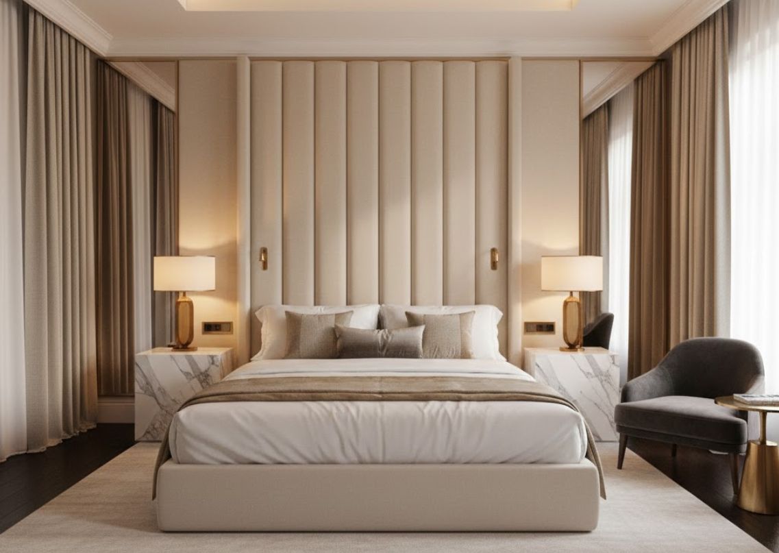 Modern beige bedroom with upholstered bed and curtains - Beautiful Homes