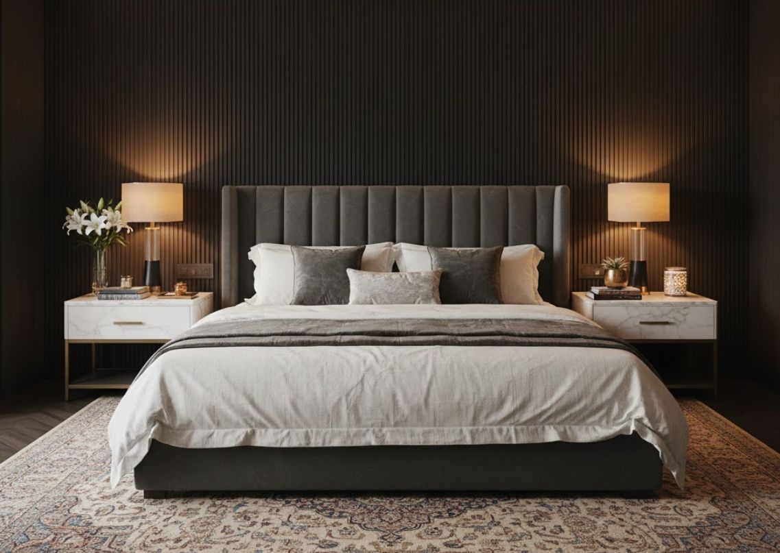 Modern bedroom with green bed and marble walls - Beautiful Homes