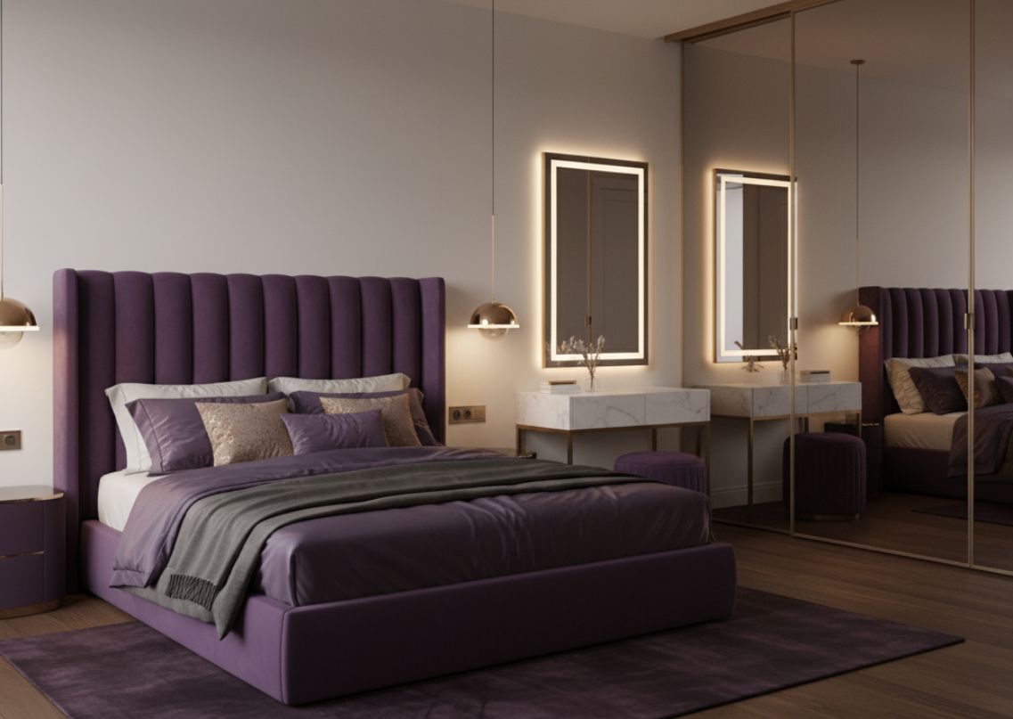 Modern bedroom with purple bed and mirrored wardrobe - Beautiful Homes