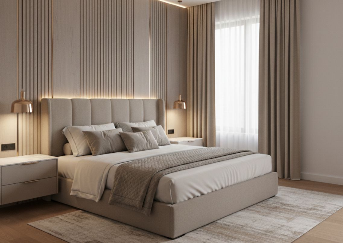 Neutral bedroom with beige décor and wooden flooring - Beautiful Homes