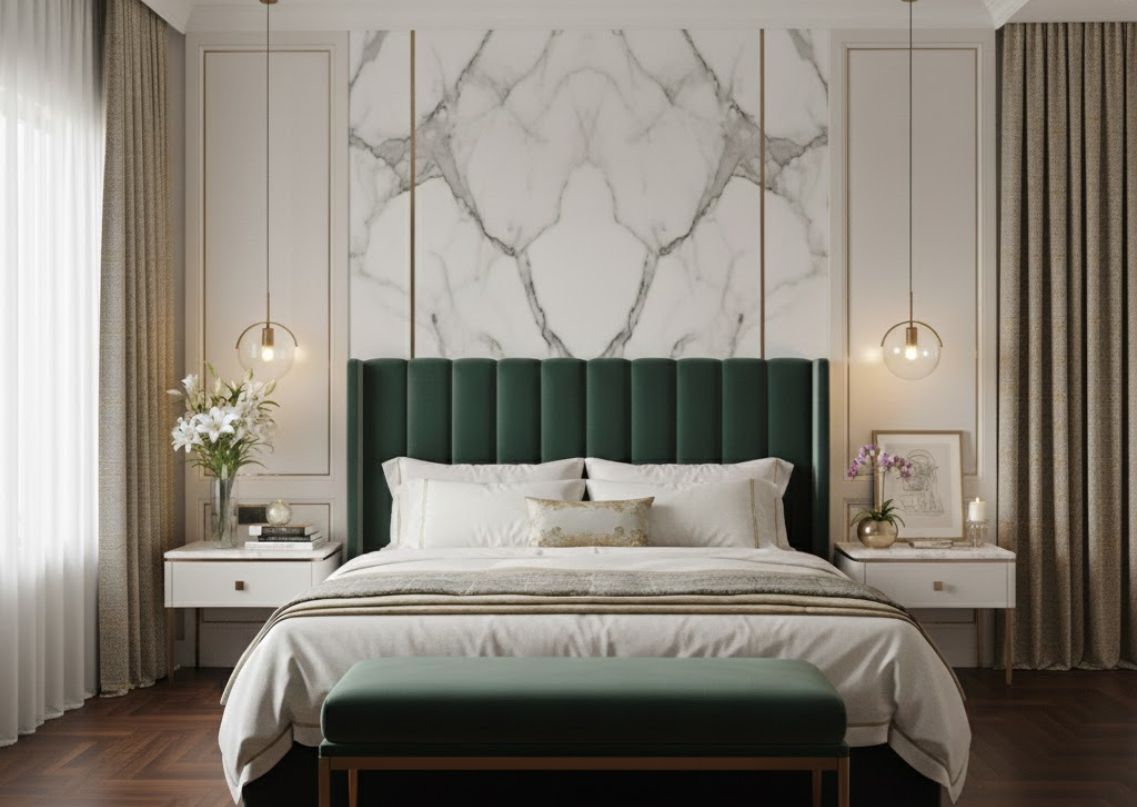 Modern bedroom with plush headboard and bedside tables - Beautiful Homes