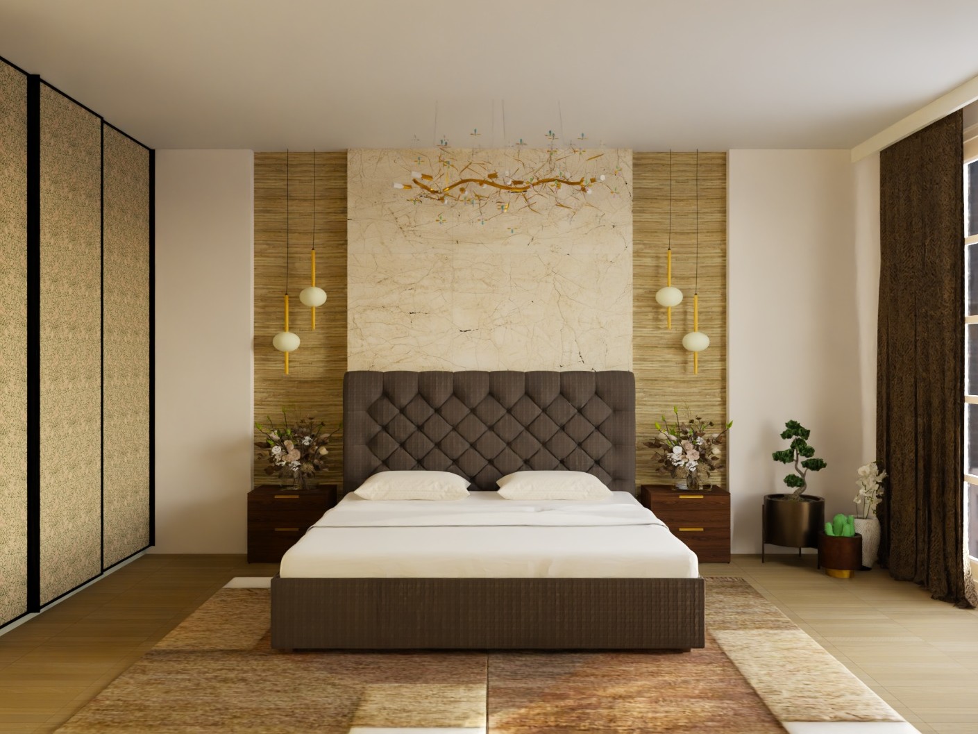 Modern bedroom with upholstered headboard bed and wooden flooring - Beautiful Homes