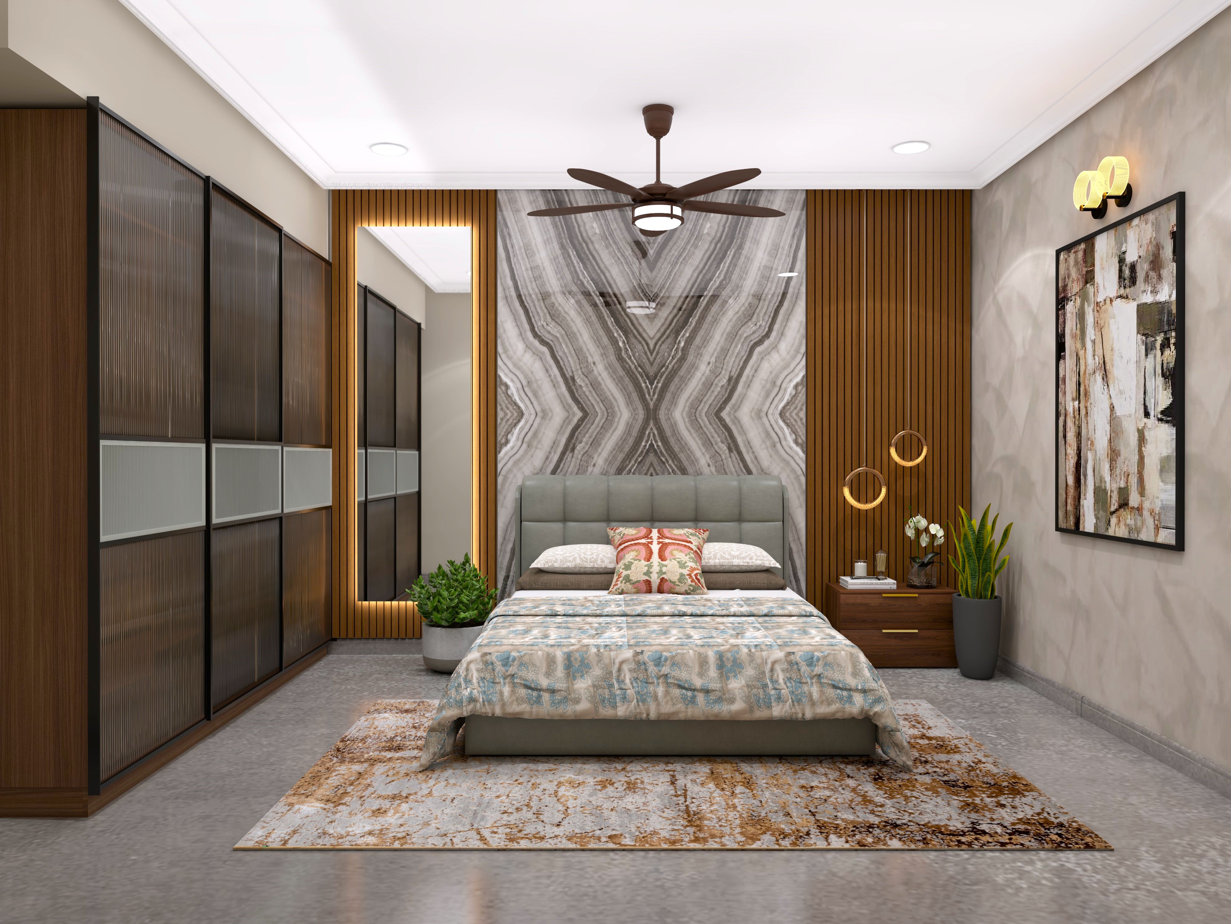 Luxury master bedroom with marble cladding and grey headboard-Beautiful Homes