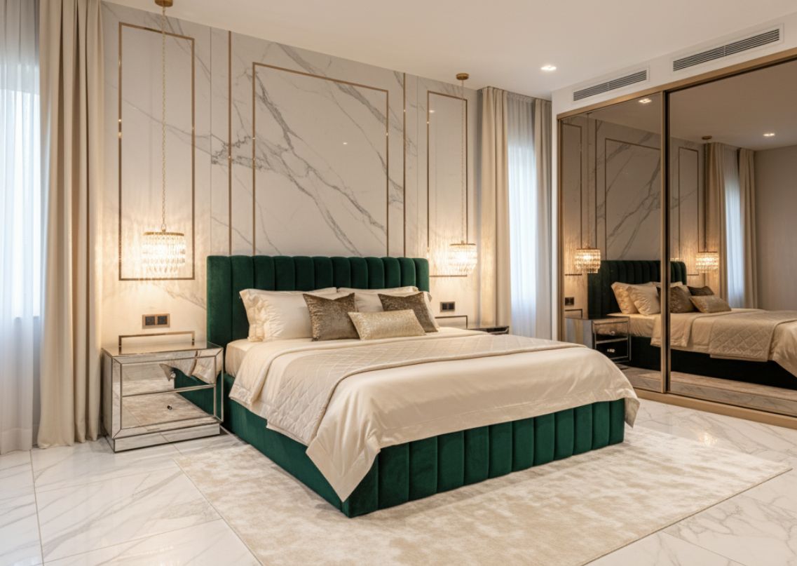 Modern bedroom with green bed and marble walls - Beautiful Homes