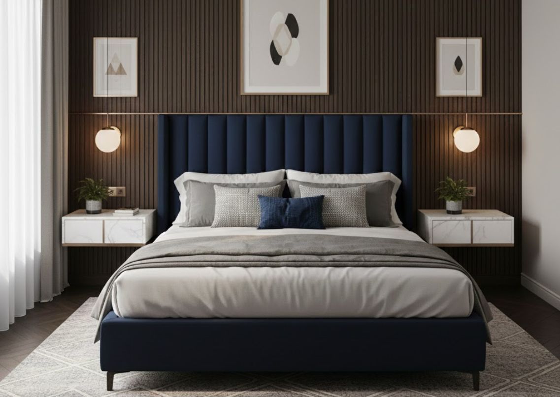 Modern bedroom with upholstered bed and wooden wall - Beautiful Homes