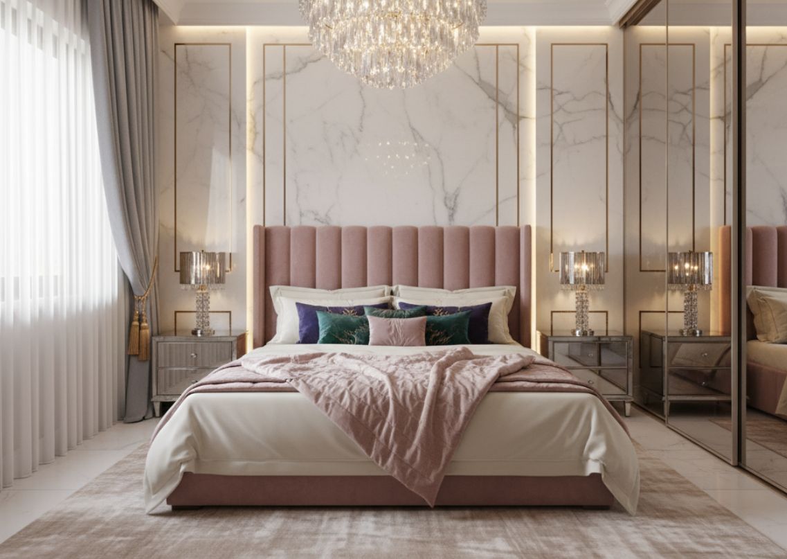 Elegant bedroom with pink bed and marble décor - Beautiful Homes