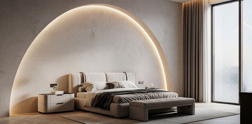 Modern bedroom with arch lighting and soft décor - Beautiful Homes