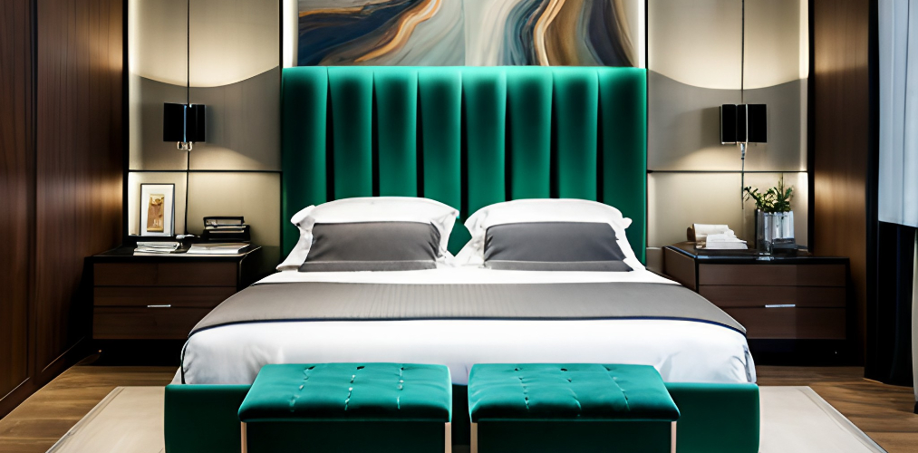 Luxury bedroom design with forest green headboard-Beautiful Homes