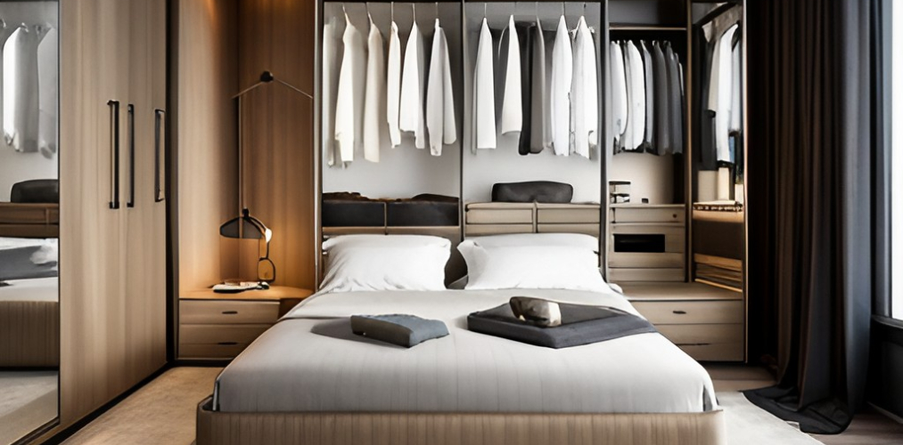 Luxury modern bedroom design with mirrored wardrobe and ceramic tiles