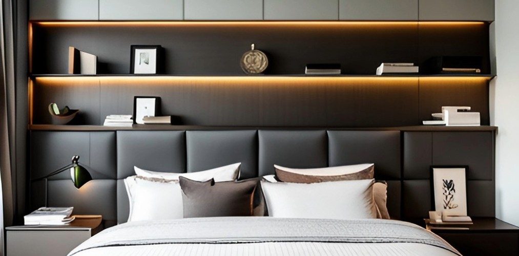 Luxury bedroom with grey headboard and wall shelves-Beautiful Homes