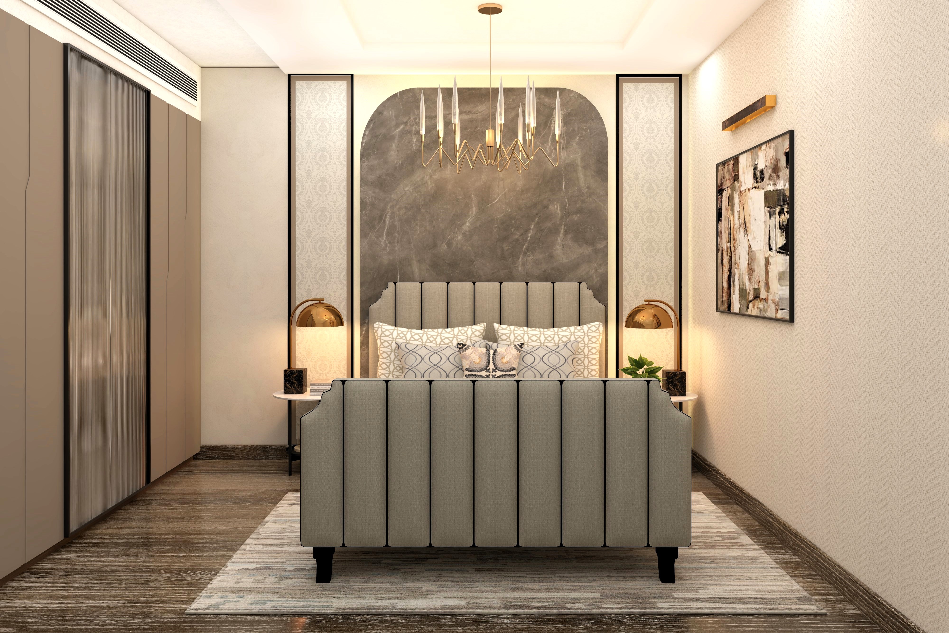 Master bed with headboard and footboard with beige upholstery-Beautiful Homes