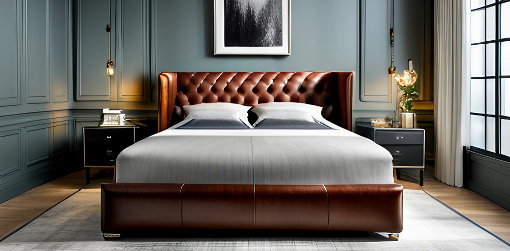 Master bedroom bed design with chesterfield upholstery with brown leather-Beautiful Homes