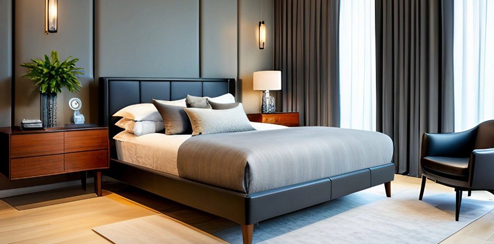 Master bedroom bed design with leather upholstery and wooden legs-Beautiful Homes