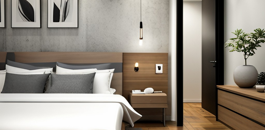 Master bedroom design with wooden furniture and concrete walls-BeautifulHomes