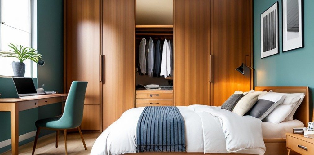 Master bedroom design with blue walls and 3 door wardrobe-BeautifulHomes