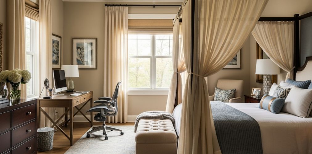 Modern bedroom with study table and canopy bed - Beautiful Homes