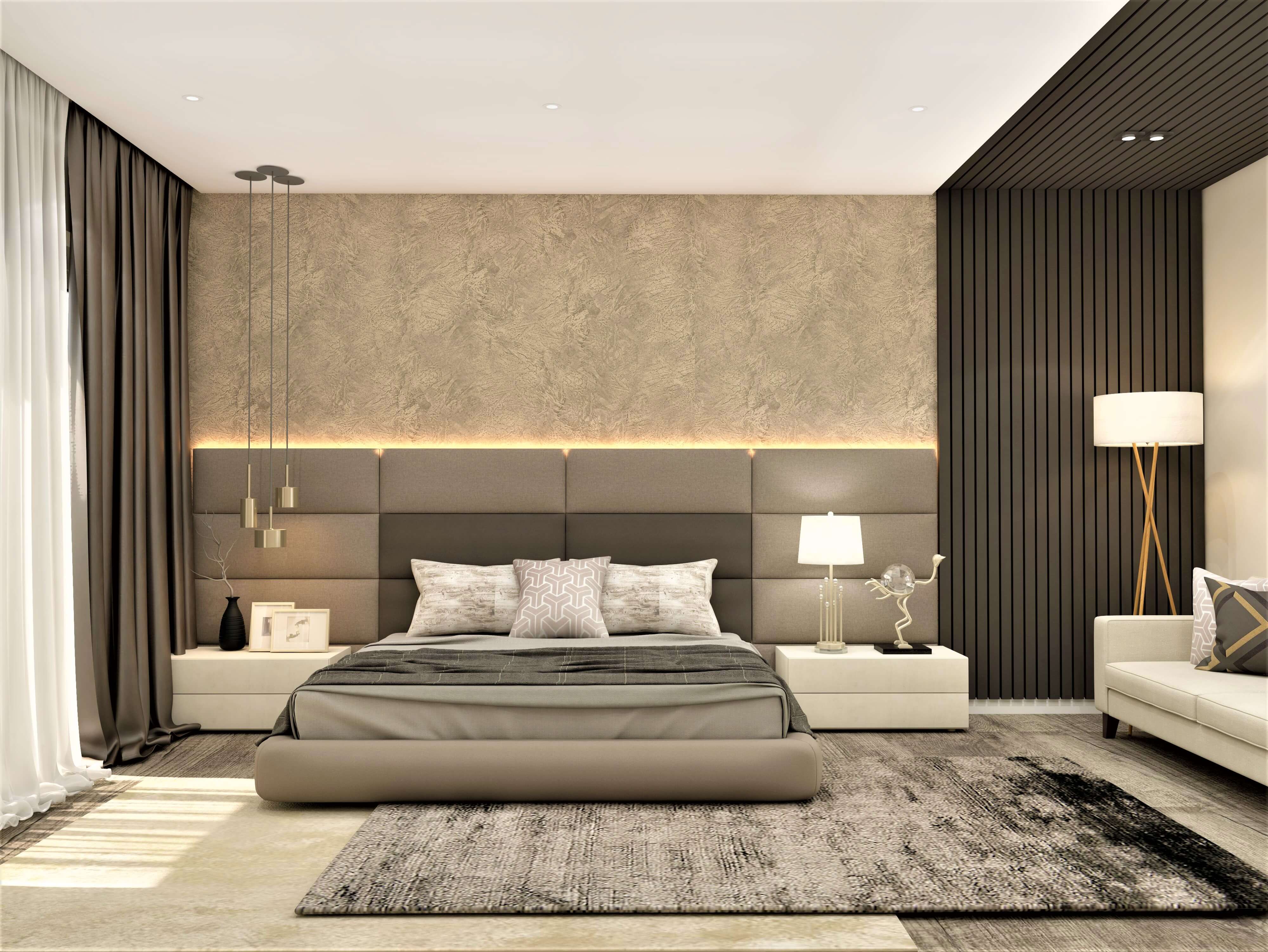 Master bedroom design with fluted panelling and pendant lights - Beautiful Homes