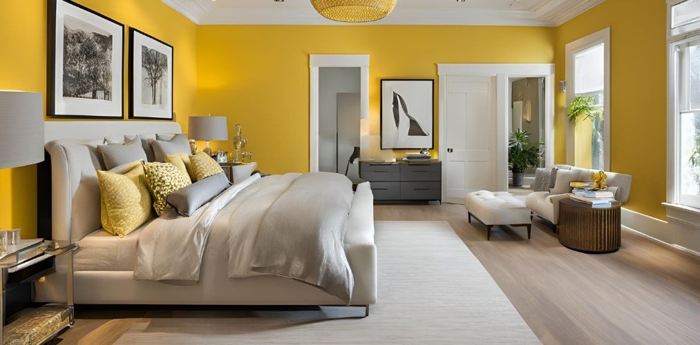 Master bedroom design with grey bed and yellow walls - Beautiful Homes