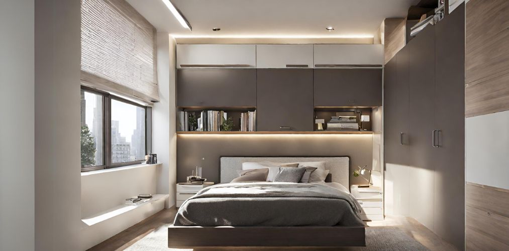 Master bedroom design with grey wall wardrobe and overhead storage-Beautiful Homes