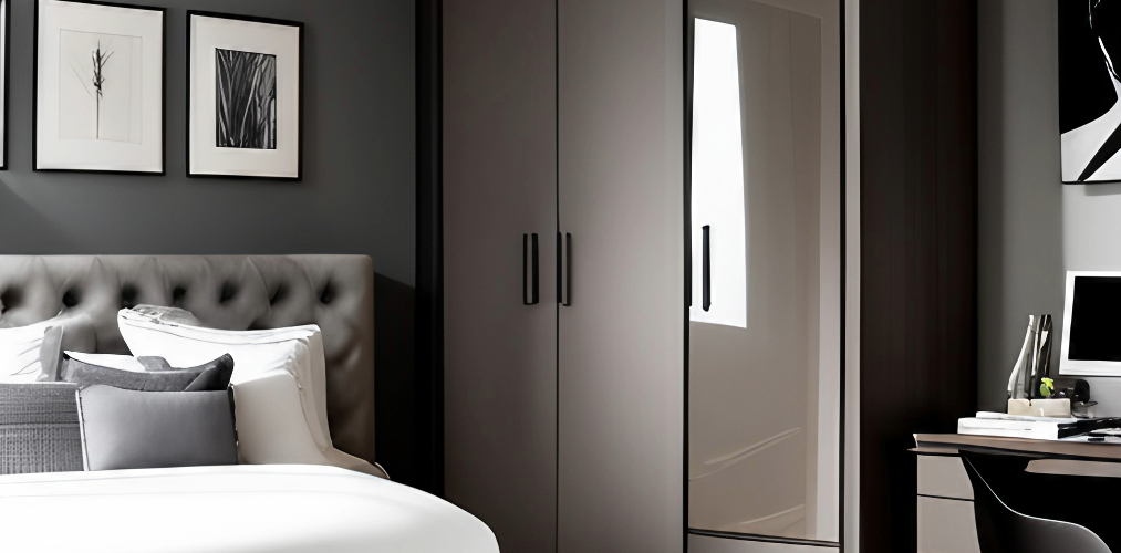 Master bedroom design with grey wardrobe-Beautiful Homes