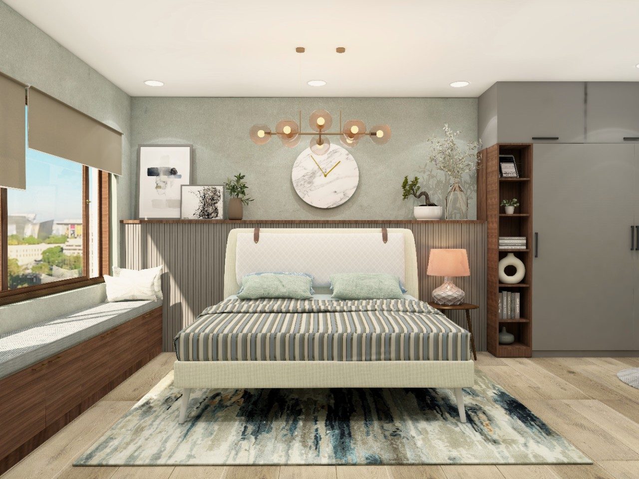 Master bedroom design with half height grey fluted paneling and window seating-Beautiful Homes