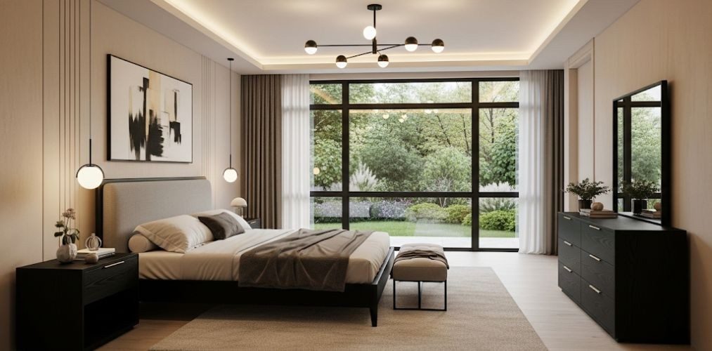 Modern master bedroom with large glass window - Beautiful Homes