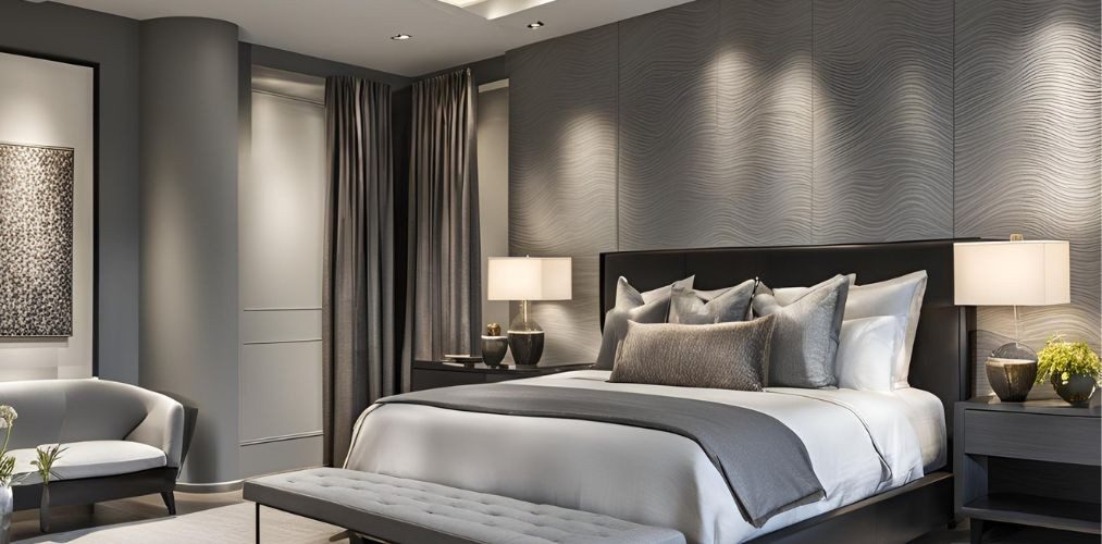 Master bedroom design with king bed and grey textured wall - Beautiful Homes