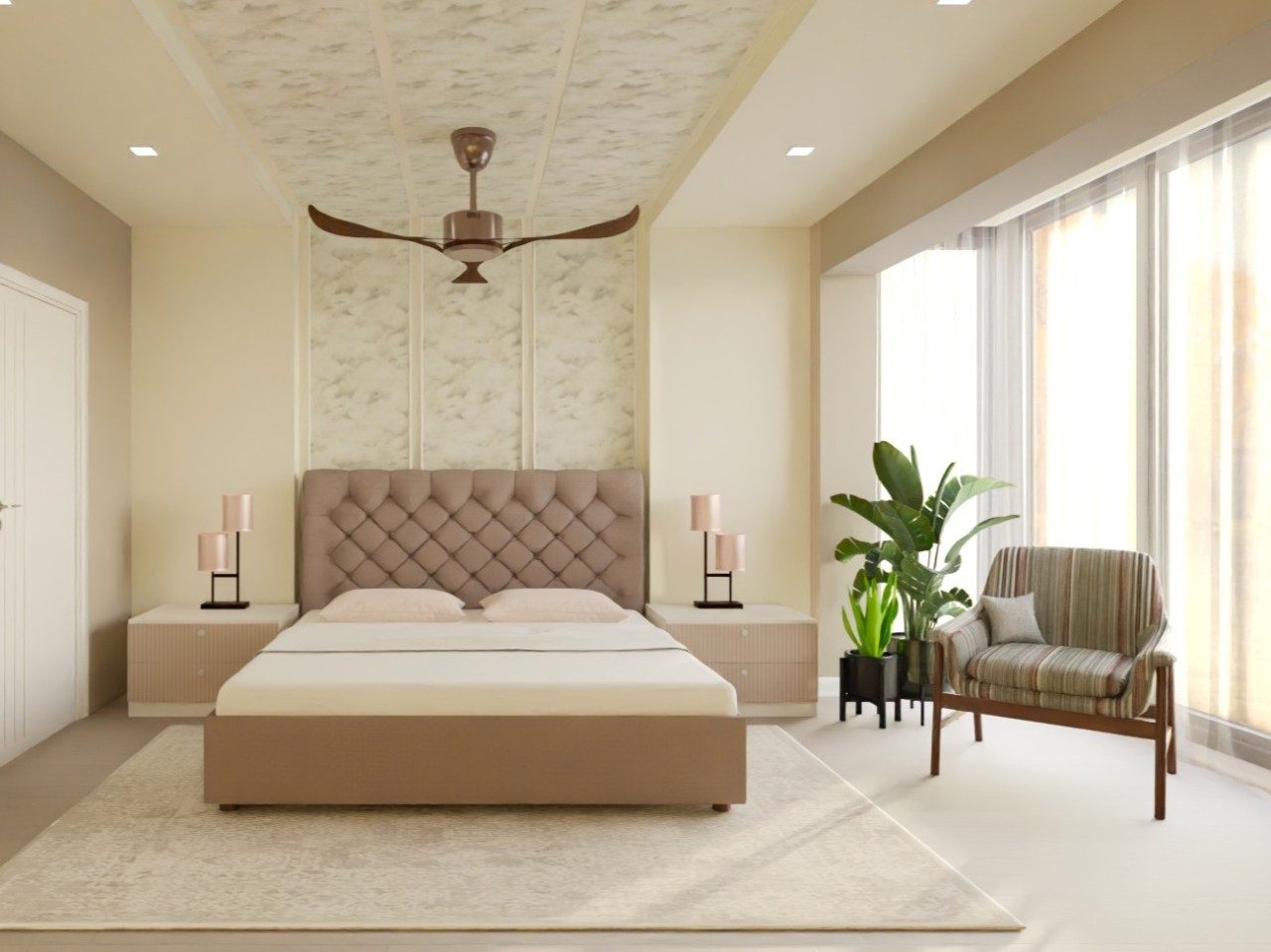 Modern bedroom with tufted bed and plants - Beautiful Homes