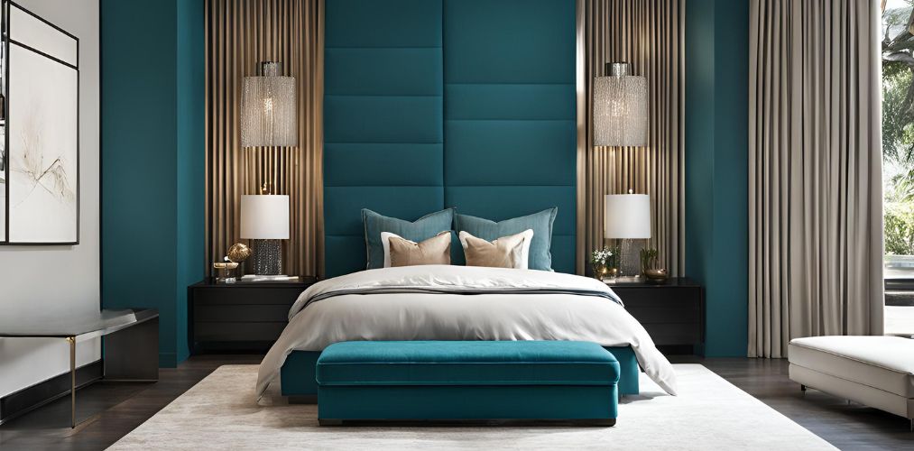 Master bedroom design with teal headboard and golden accents - Beautiful Homes