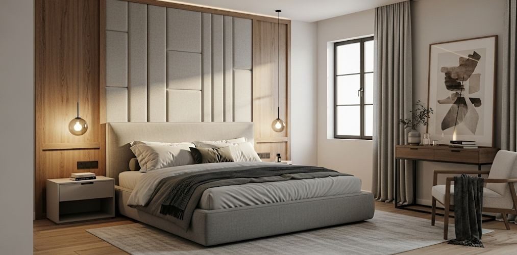Elegant bedroom with wooden floor and grey bed - Beautiful Homes