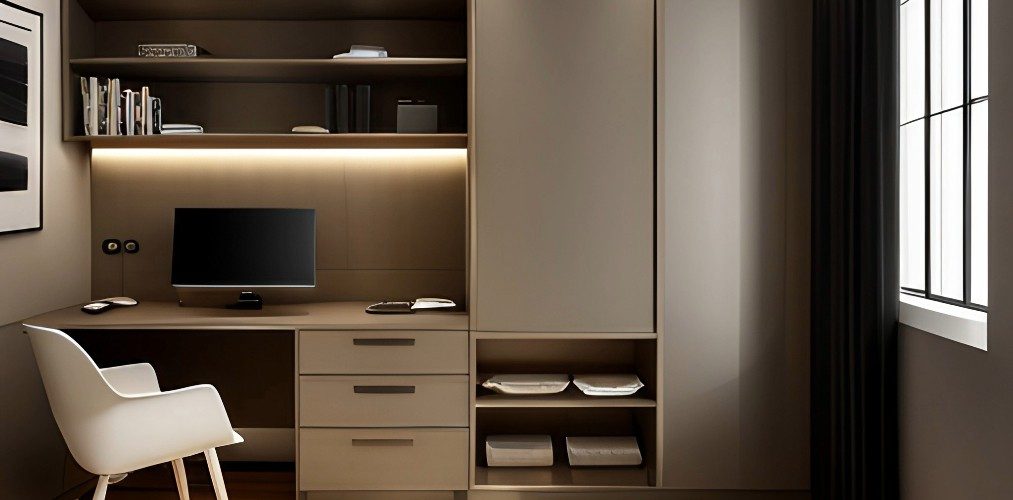 Master bedroom design with wardrobe and study table-Beautiful Homes