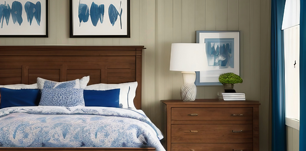 Blue bedding master bedroom with western dresser-Beautiful Homes