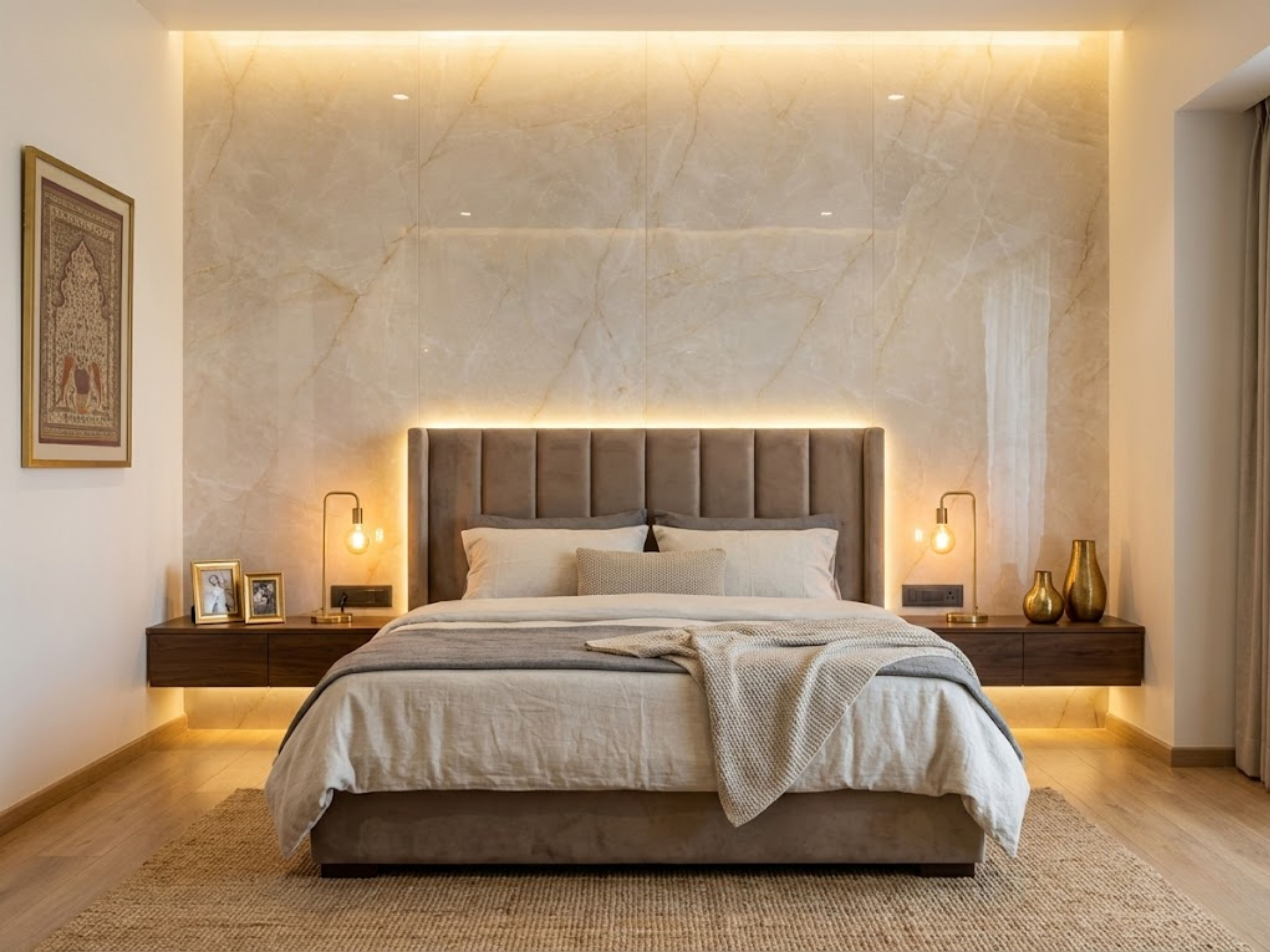 Modern bedroom with upholstered bed and ambient lighting - Beautiful Homes