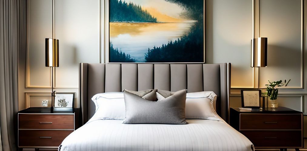 Master bedroom with grey headboard and white wall paneling-Beautiful Homes