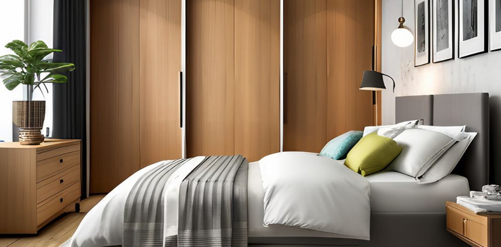 Modern master bedroom with wooden sliding wardrobe and dresser-Beautiful Homes