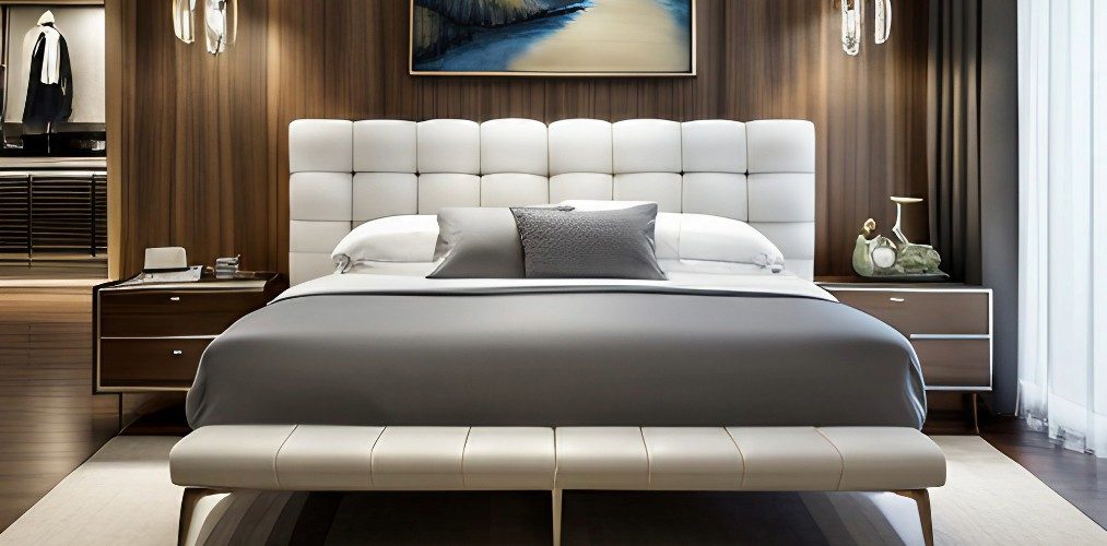 Modern headboard in white with queen bed and wooden panelling on walls-Beautiful Homes