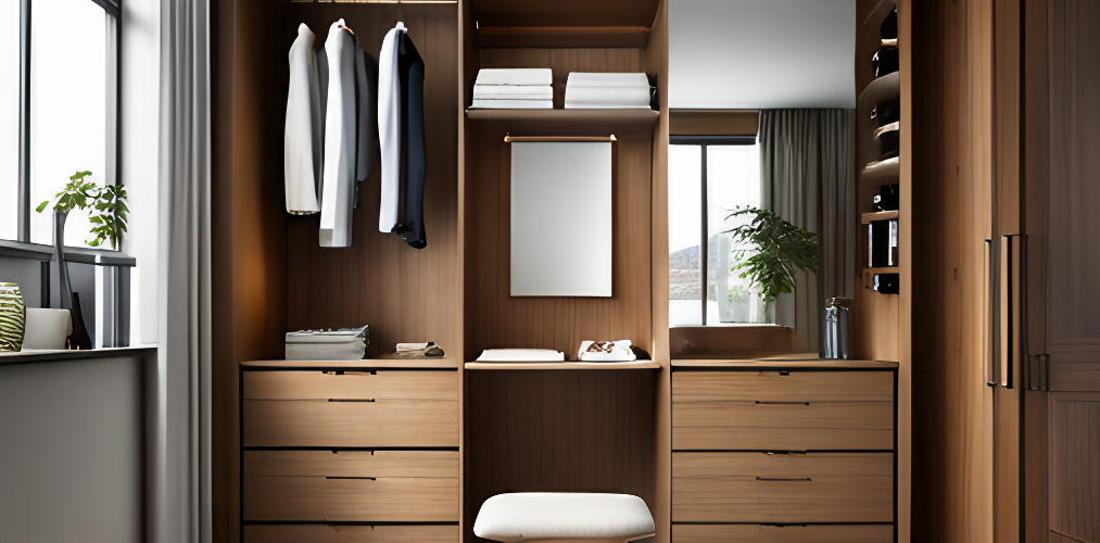 Master bedroom wardrobe design with dresser and stool-Beautiful Homes