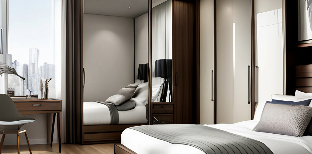 Master bedroom wardrobe design with mirrored sliding wardrobe-Beautiful Homes