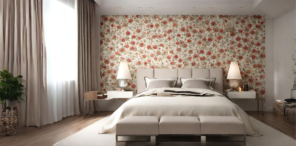 Master bedroom with beige upholstery and floral wallpaper - Beautiful Homes